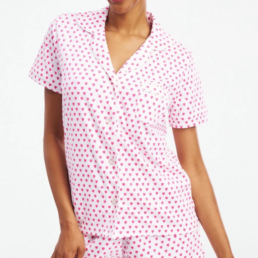 Roller Rabbit Hearts Pajama Top S 100% Pima Cotton White Pink Button Closure